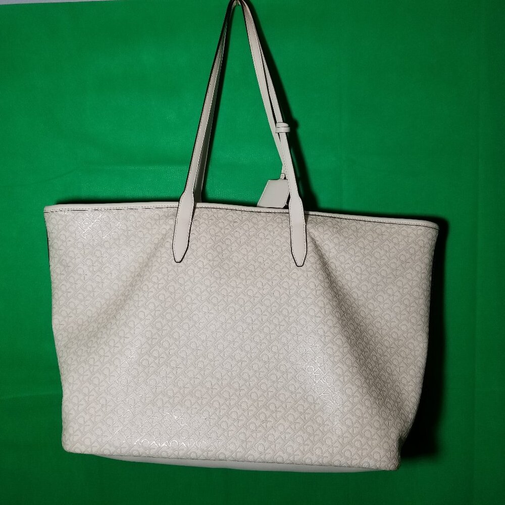 Calvin Klein Monogram Tote Twilight White with White Handles‎